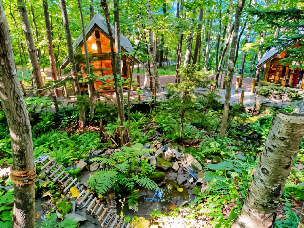 ニングルテラスの森の中の小屋と小川 — 7月富良野の夕暮れ、幻想的な森の工芸小屋