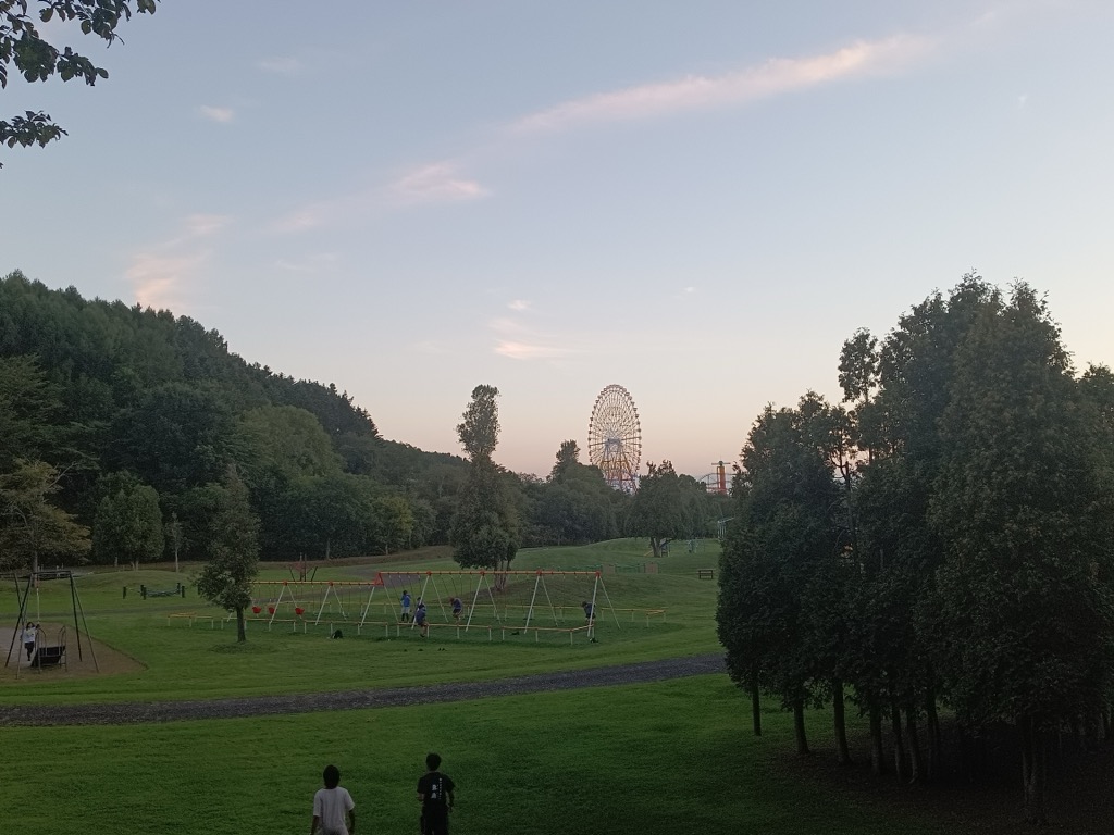 夕暮れの岩見沢公園 — 観覧車と芝生とマジックアワーの空