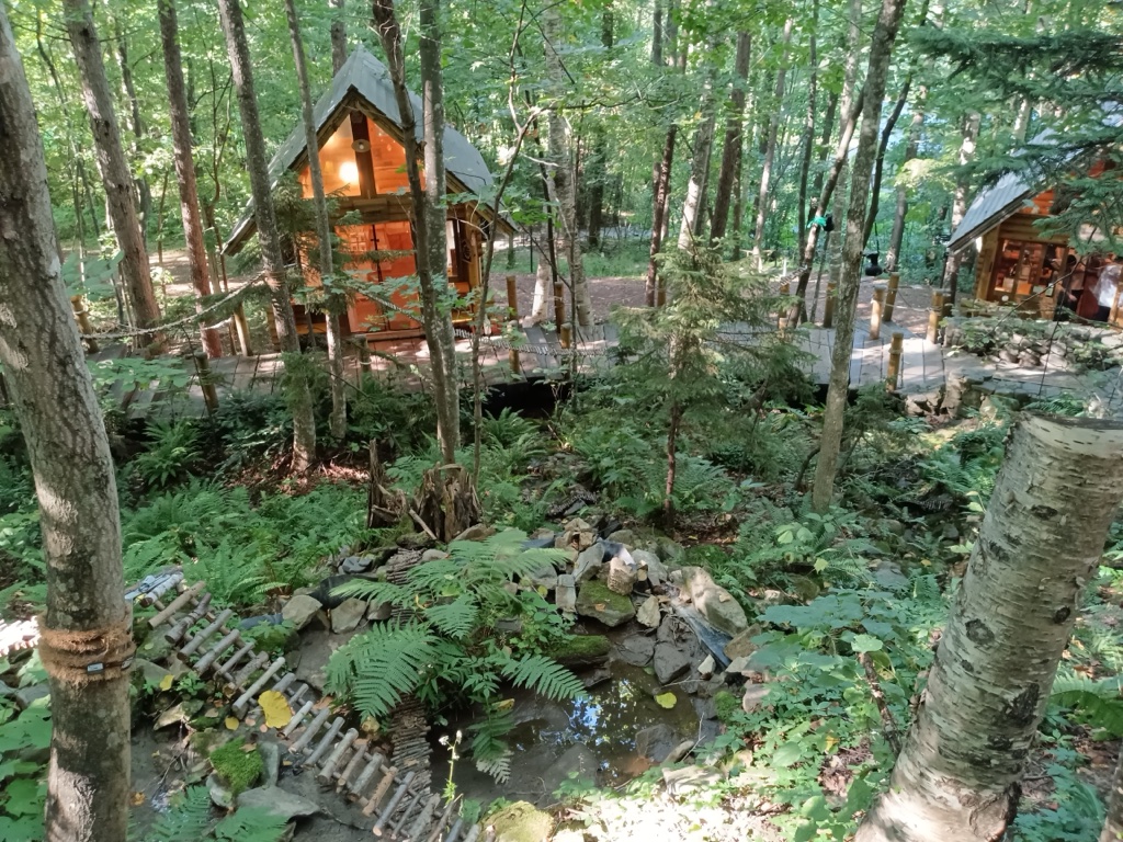 ニングルテラス — 富良野の白樺林に並ぶログハウス調のクラフト小屋、9月