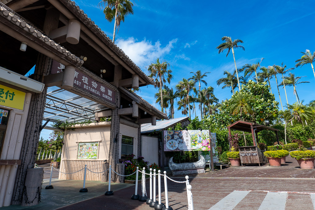 ヤシの木に囲まれた東南植物楽園の入口ゲートと受付