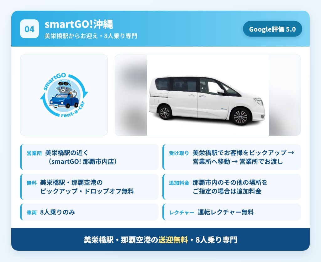 smartGO!沖縄の案内カード 美栄橋駅のピックアップ無料・8人乗り専門