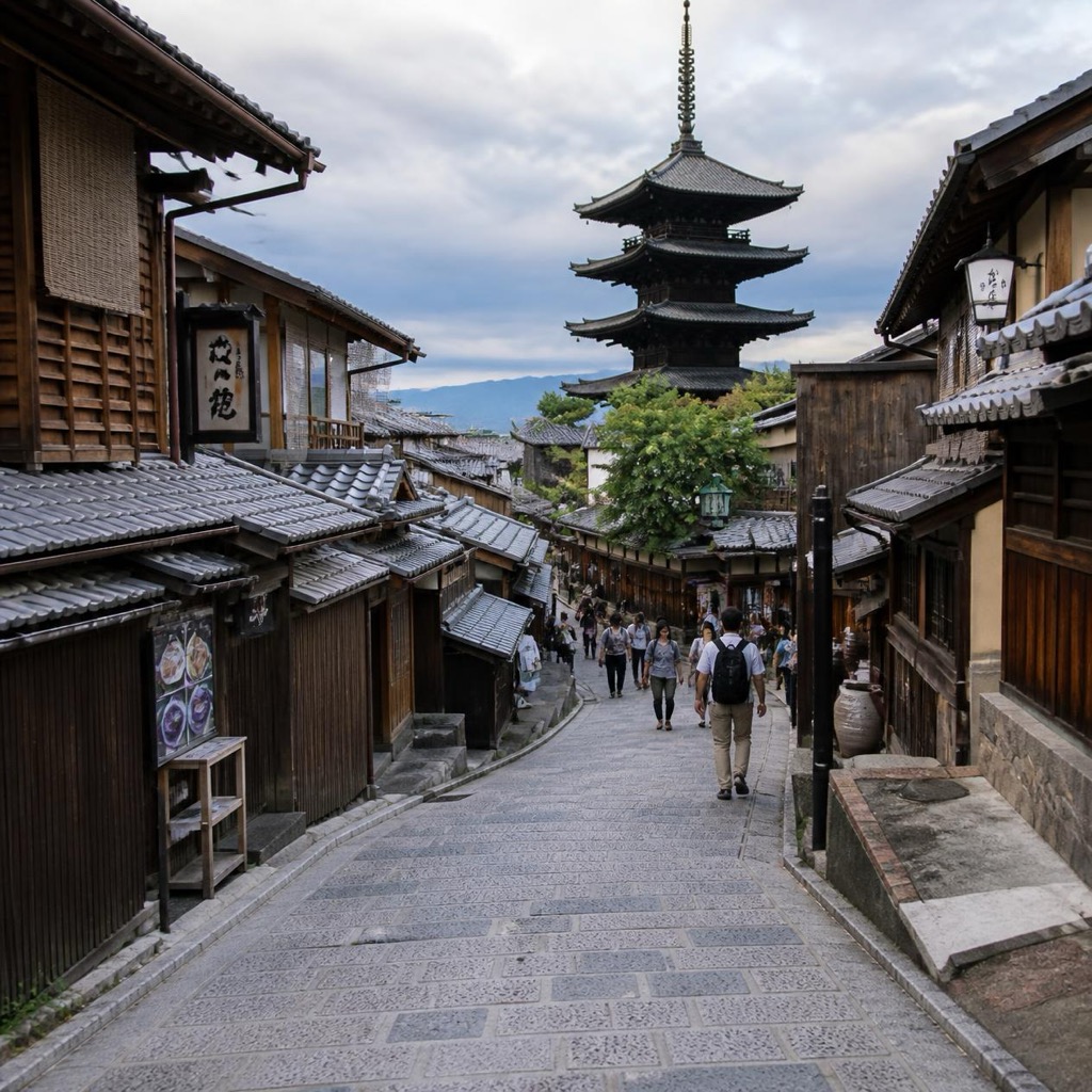 三年坂から望む八坂の塔(法観寺五重塔) 石畳と町家の屋根越しの京都定番風景
