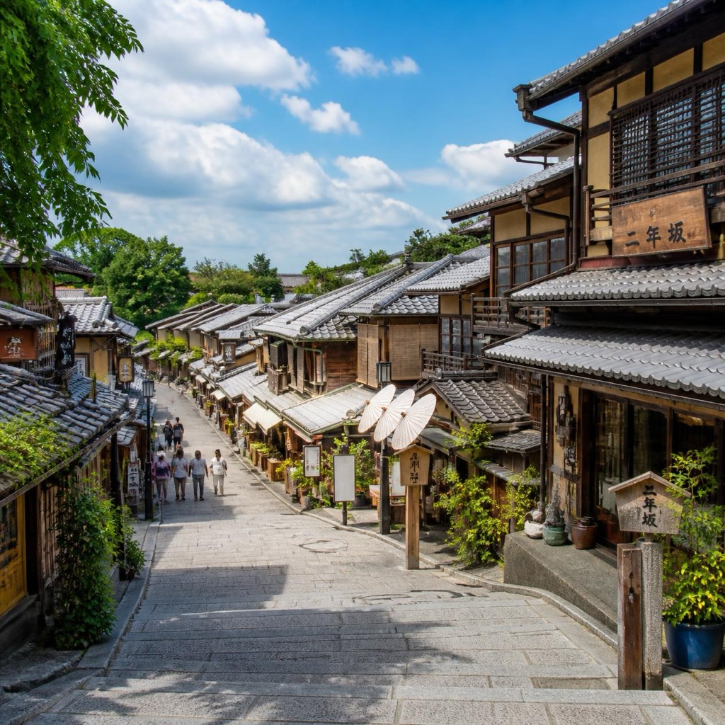 二年坂の看板と町家の並ぶ石畳 和傘が飾られた夏の青空の風景