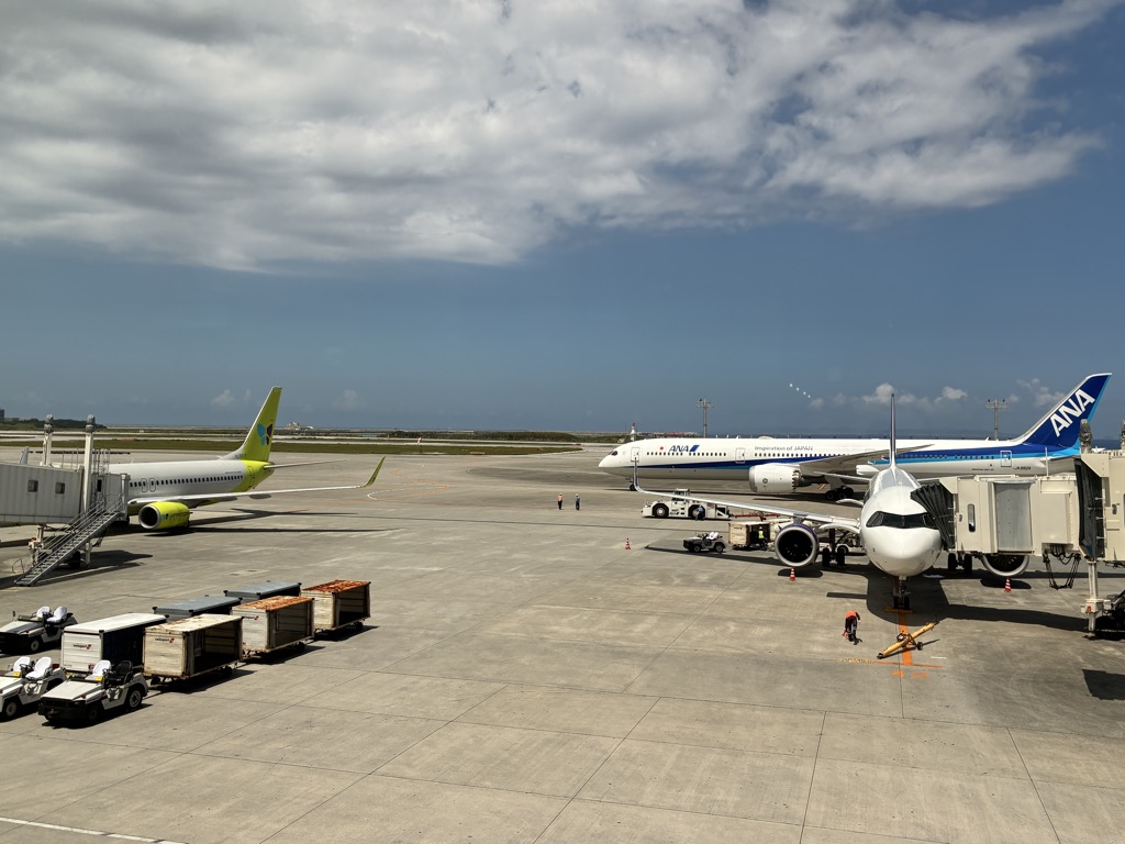 宮古空港の駐機場に並ぶANAとソラシドエアの機体 ハイシーズンの活気ある旅行者の流れ