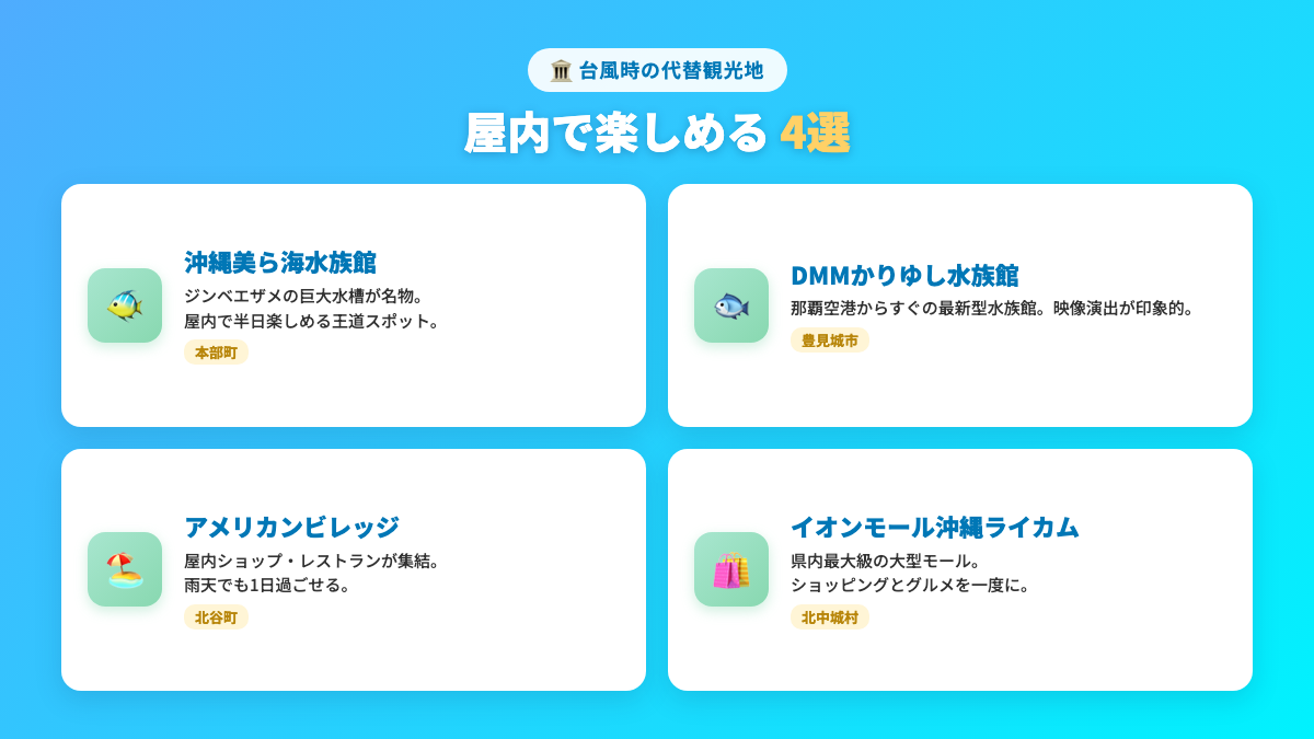 沖縄 台風時の代替屋内スポット4選(沖縄美ら海水族館・DMMかりゆし水族館・アメリカンビレッジ・イオンモール沖縄ライカム)