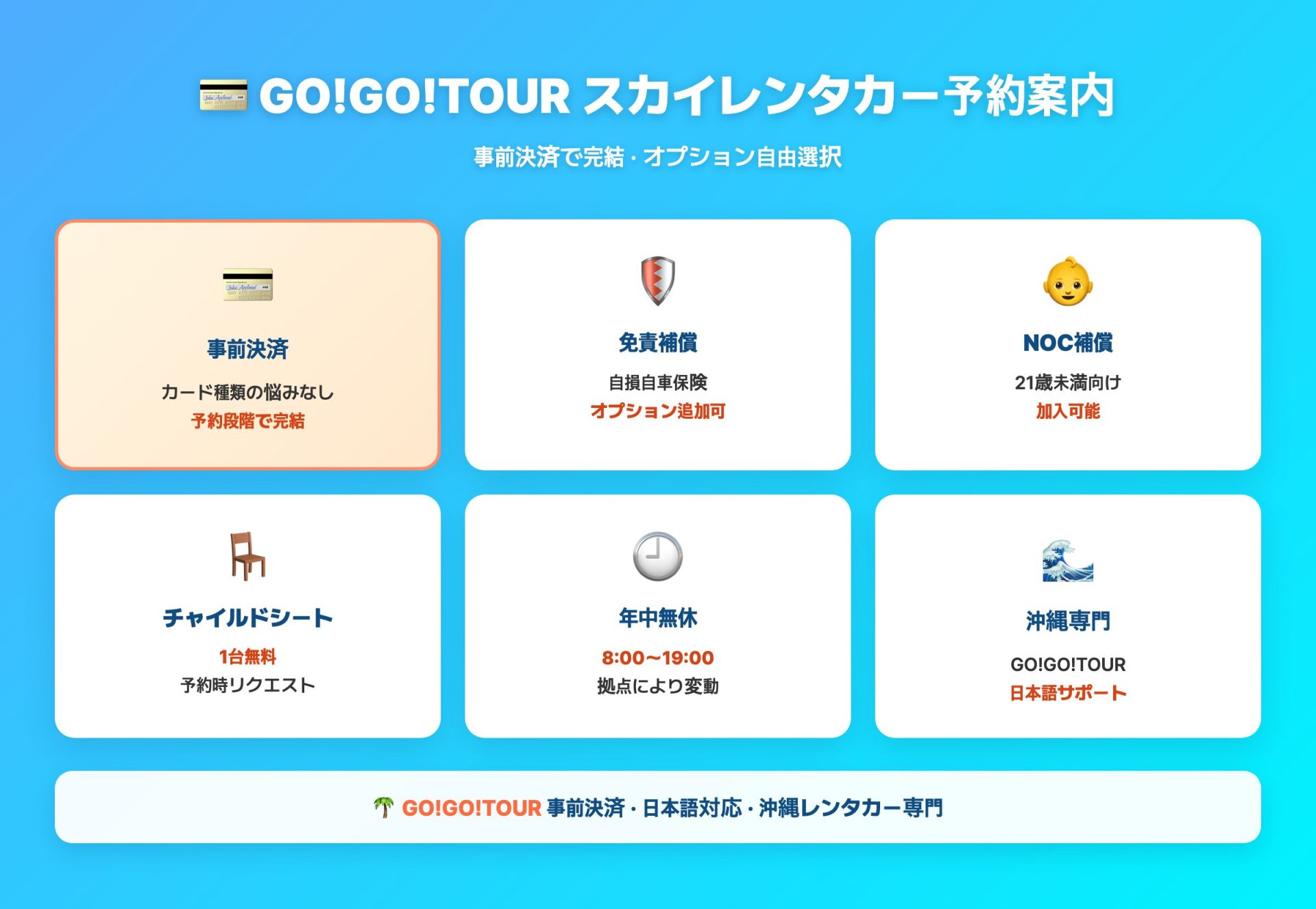 GO!GO!TOUR スカイレンタカー予約案内 — 事前決済・オプション自由選択・免責補償・NOC・チャイルドシート無料・年中無休