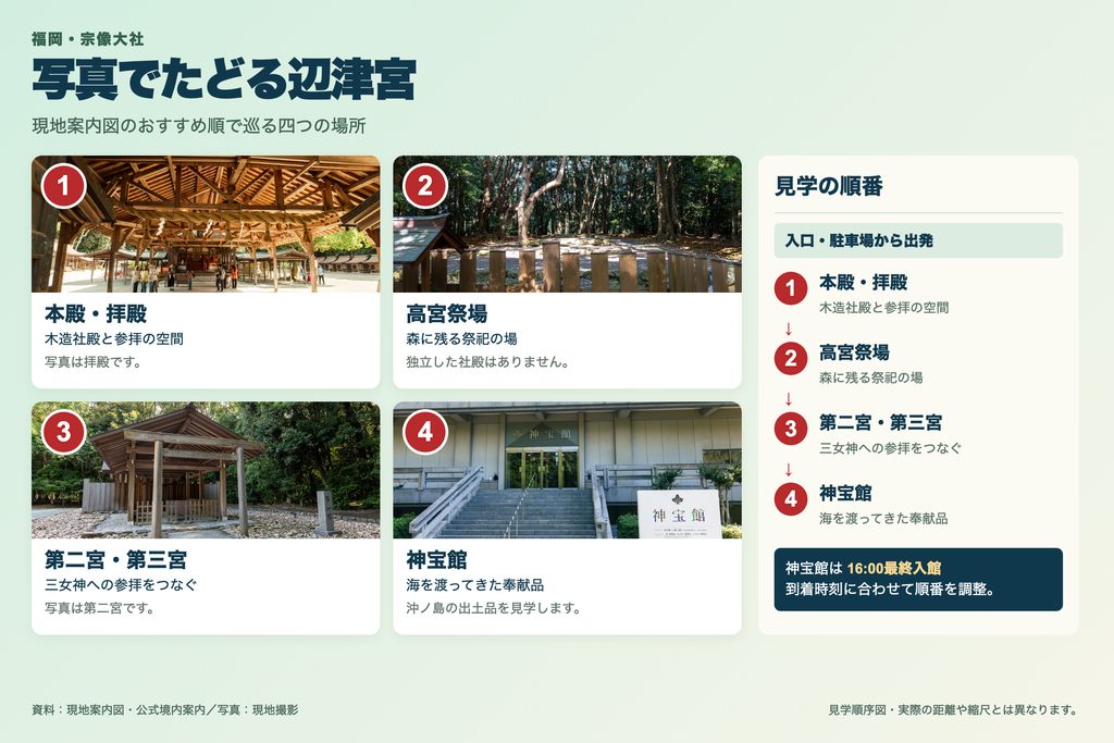 本殿拝殿から高宮祭場、第二宮第三宮、神宝館を巡る順序