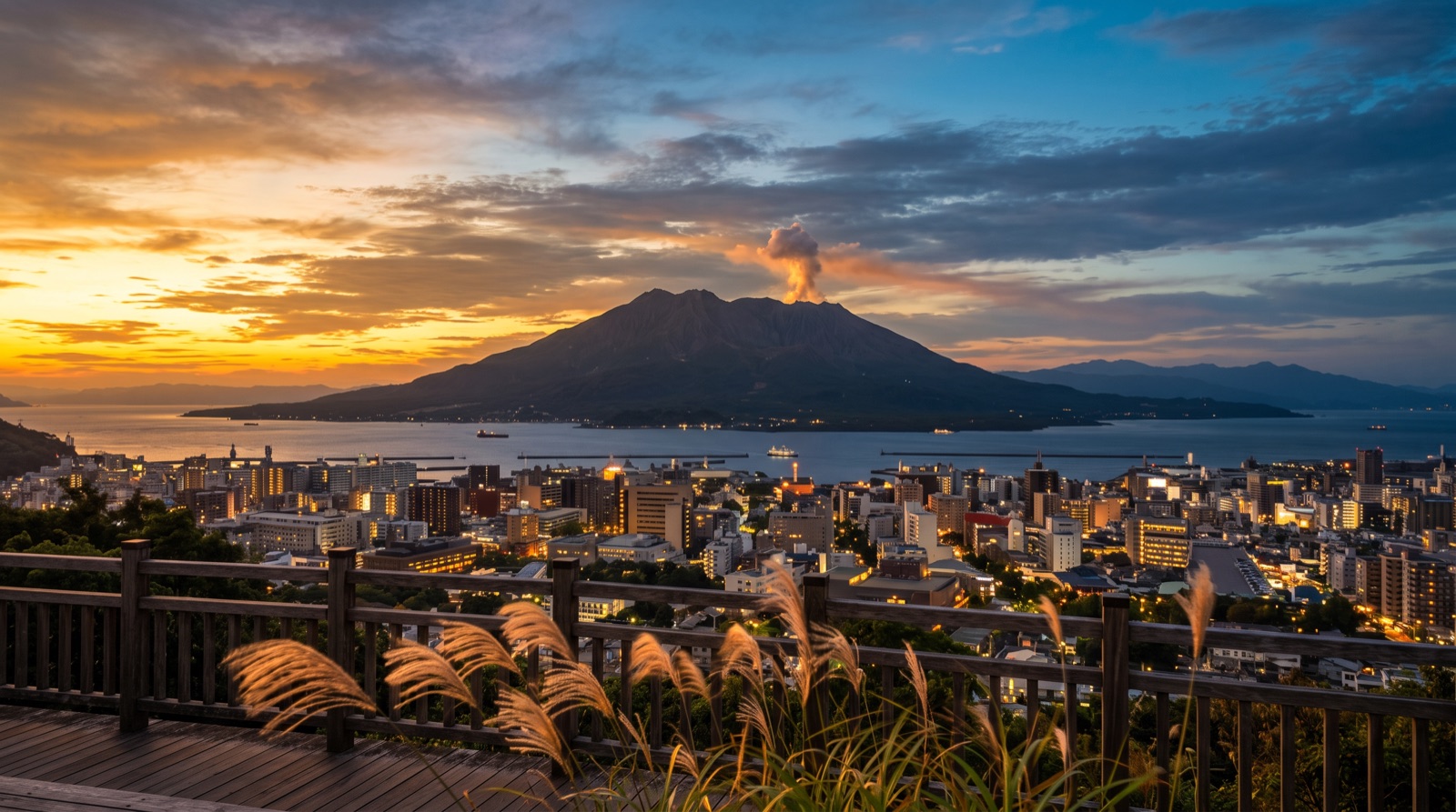 鹿児島10月の夕景 — 城山展望台から望む桜島のシルエットと初秋の街並み、ススキが揺れる南九州を代表する風景