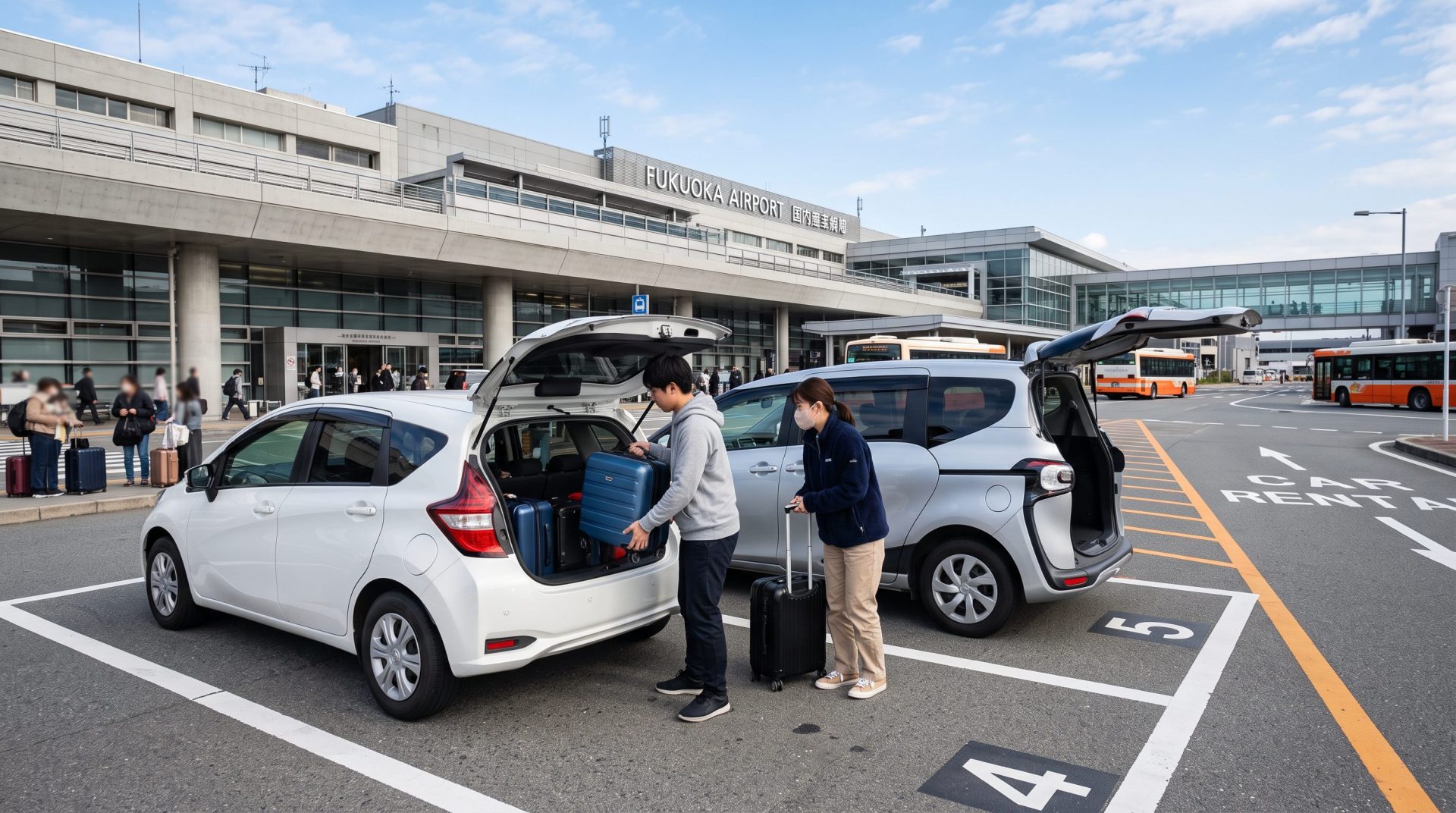 福岡空港レンタカー受付エリアで旅行者がコンパクトセダン・SIENTAへ荷物を積み込むシーン
