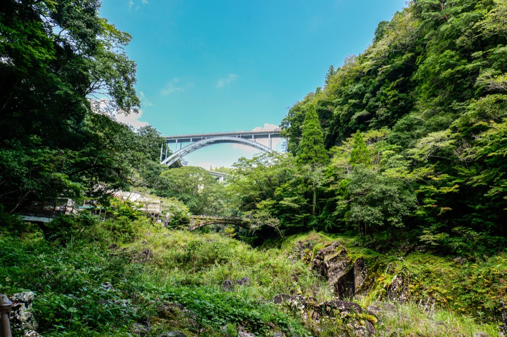 高千穂峡の木々の上に見えるアーチ橋