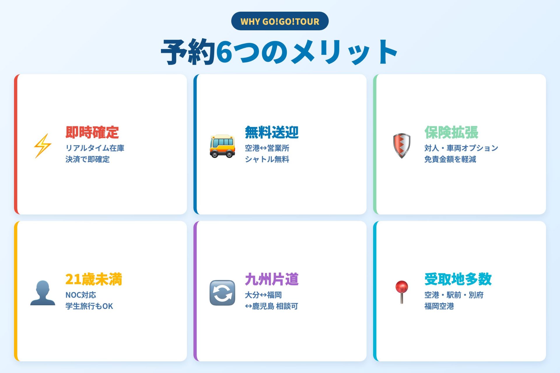 GO!GO!TOUR予約6つのメリット — 即時確定・無料送迎・保険・NOC・乗り捨て・拠点
