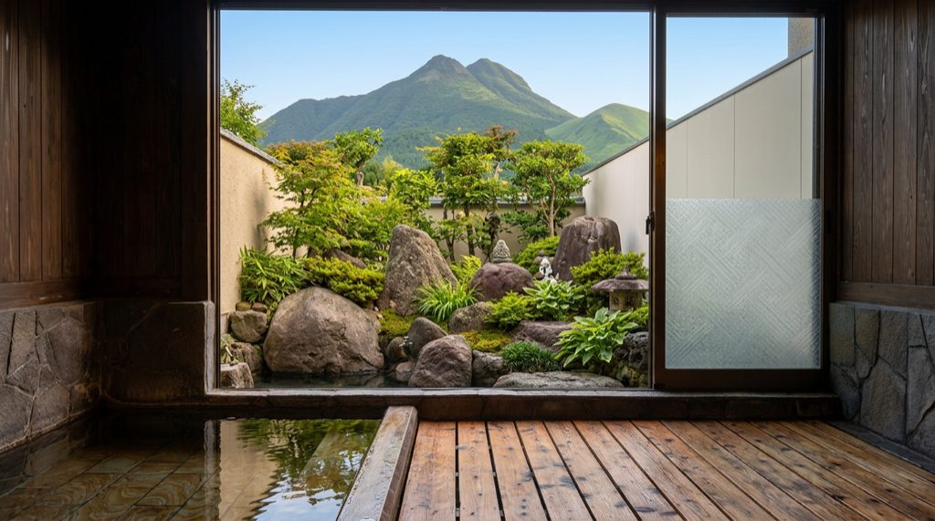 由布院の旅館の露天風呂から眺めた由布岳の朝 — 大分は「日本一のおんせん県」