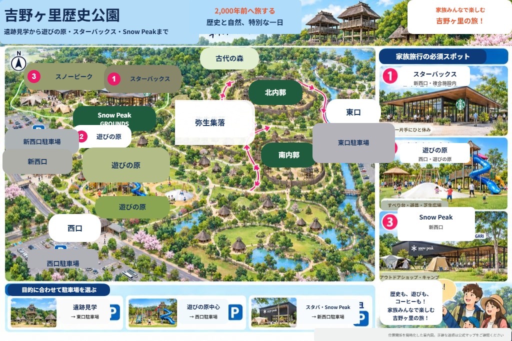 吉野ヶ里歴史公園の園内マップ|東口・西口・遊びの原・スターバックス・Snow Peak・駐車場の選び方